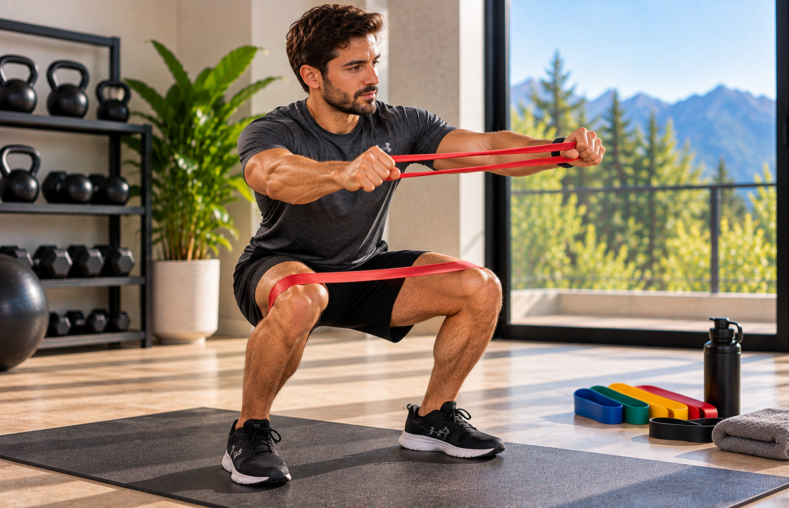 Man doing strength training exercises with resistance bands at home
