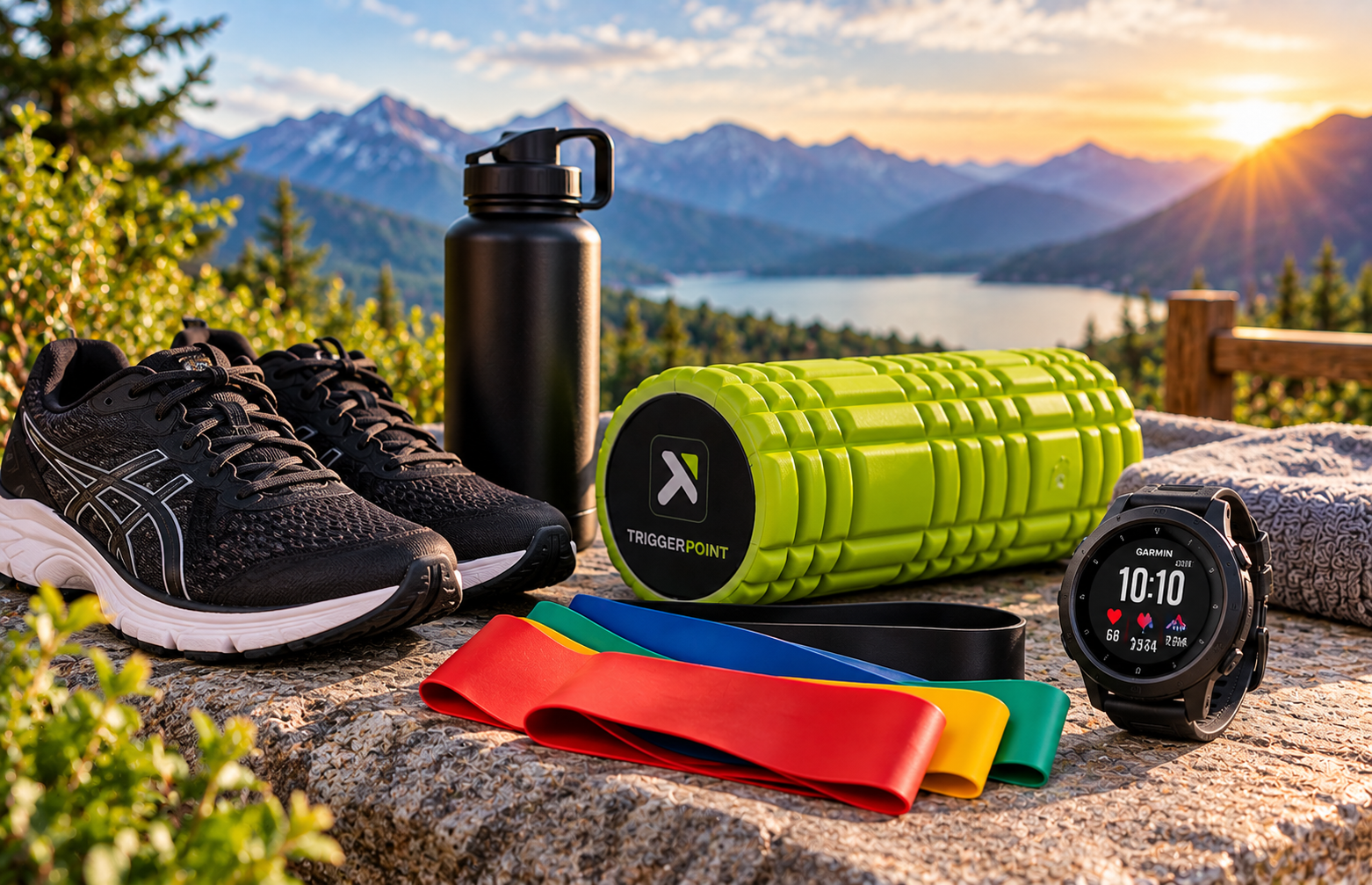 Running and fitness equipment prepared for an outdoor workout
