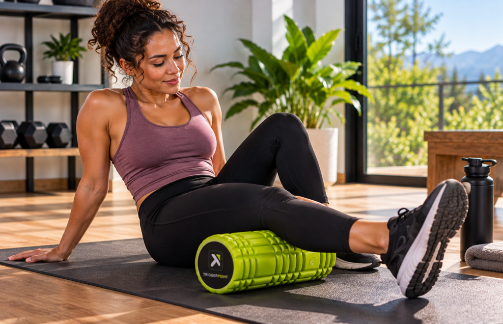 Woman IA using a foam roller for leg recovery