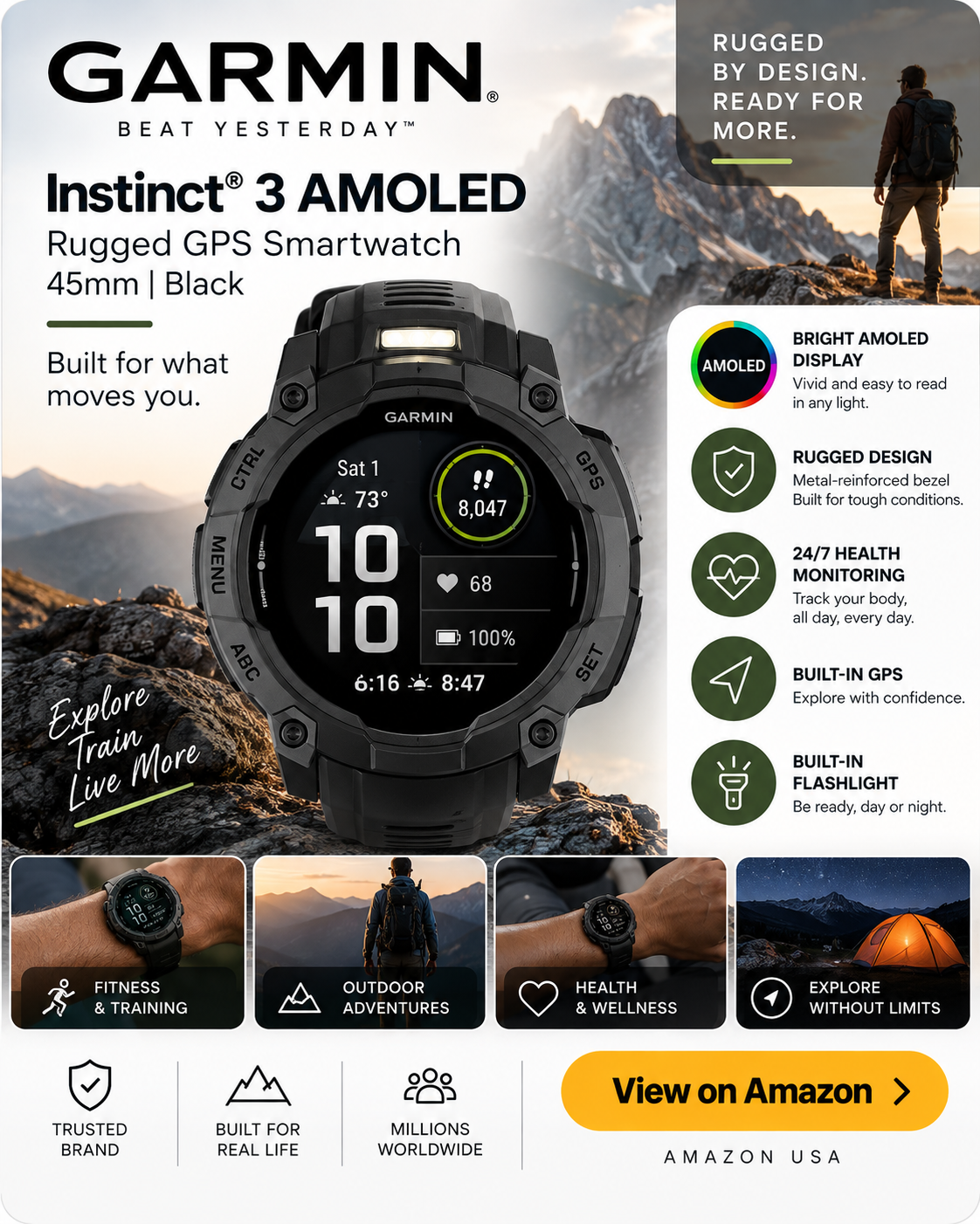 Garmin Instinct 3 AMOLED 45mm Black rugged GPS smartwatch with health monitoring and built-in flashlight