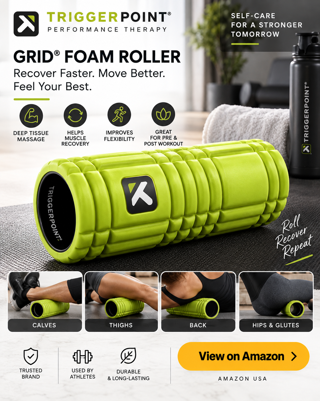 TriggerPoint GRID Foam Roller 13-inch Lime for deep tissue massage, exercise and muscle recovery