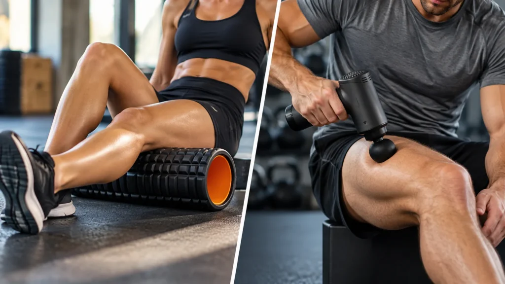 Foam roller and massage gun used for post-workout muscle recovery