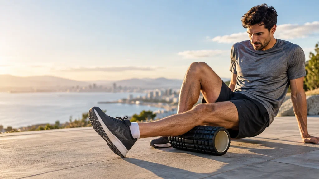 Runner using a foam roller on his leg after an outdoor run