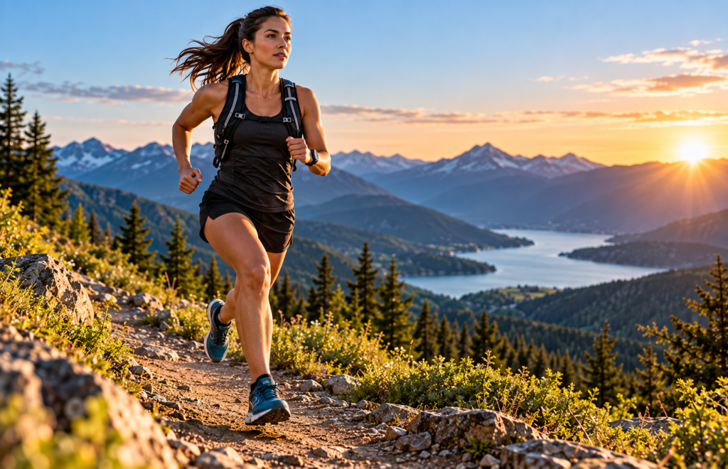 The woman is trail running