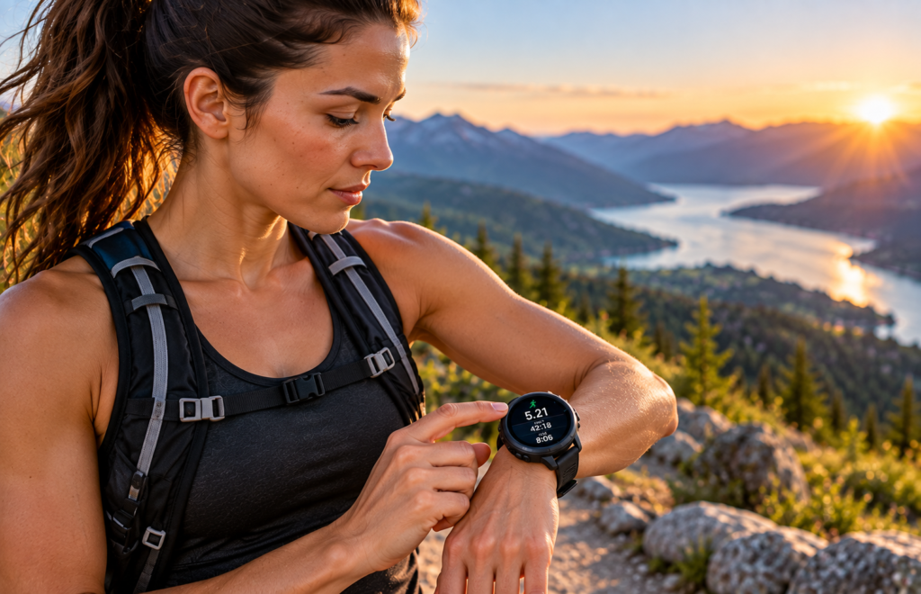 Female runner checking a GPS running watch during an outdoor training session