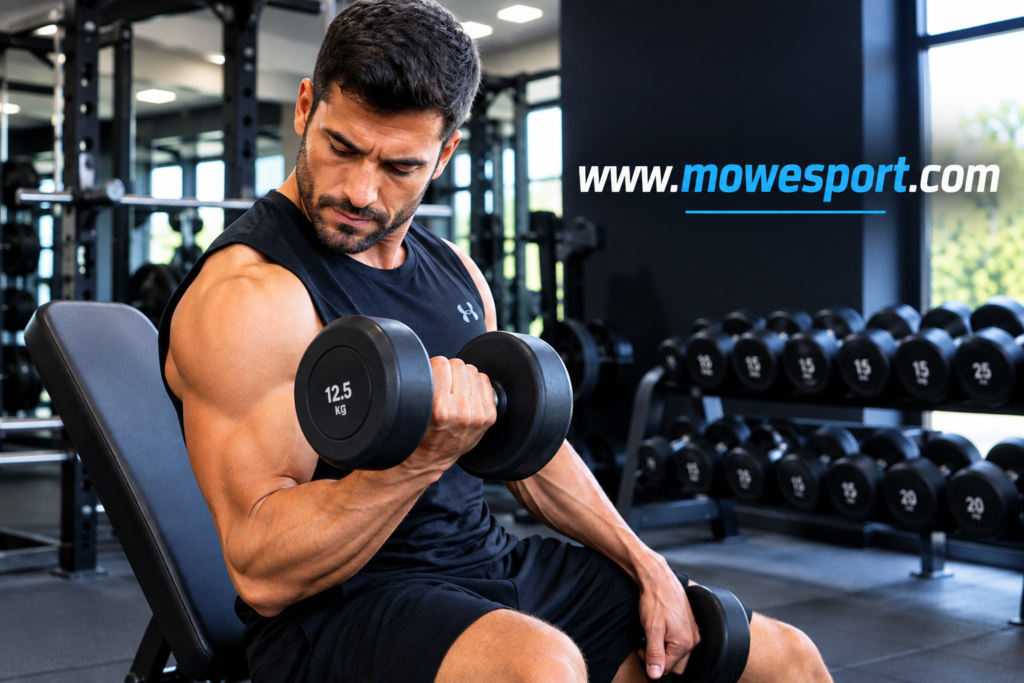 Muscular man performing a dumbbell biceps curl during strength training in a modern gym.